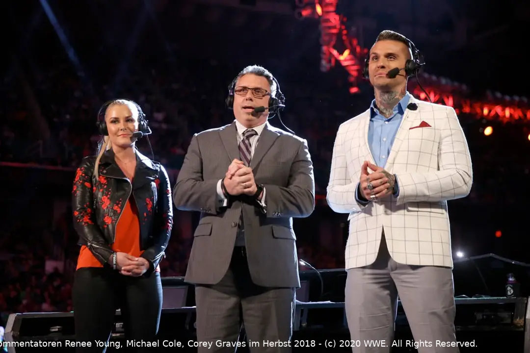 left to right renee young michael cole corey graves raw tv announce team