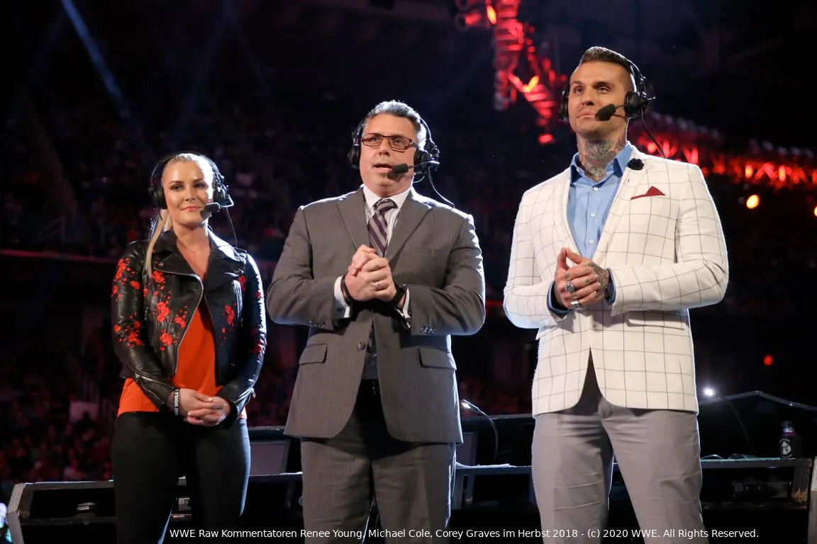 left to right renee young michael cole corey graves raw tv announce team