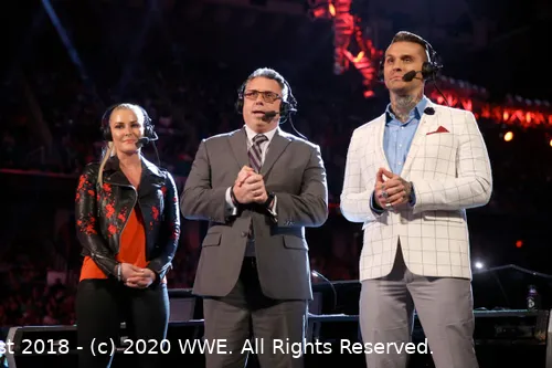 left to right renee young michael cole corey graves raw tv announce team