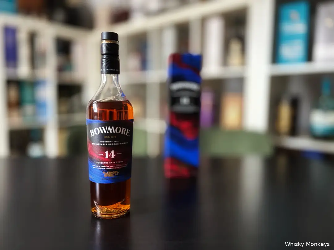 Bowmore 14 Year Old Bordeaux Cask Finish Whisky Review in the Whisky Monkeys Studio including faded box