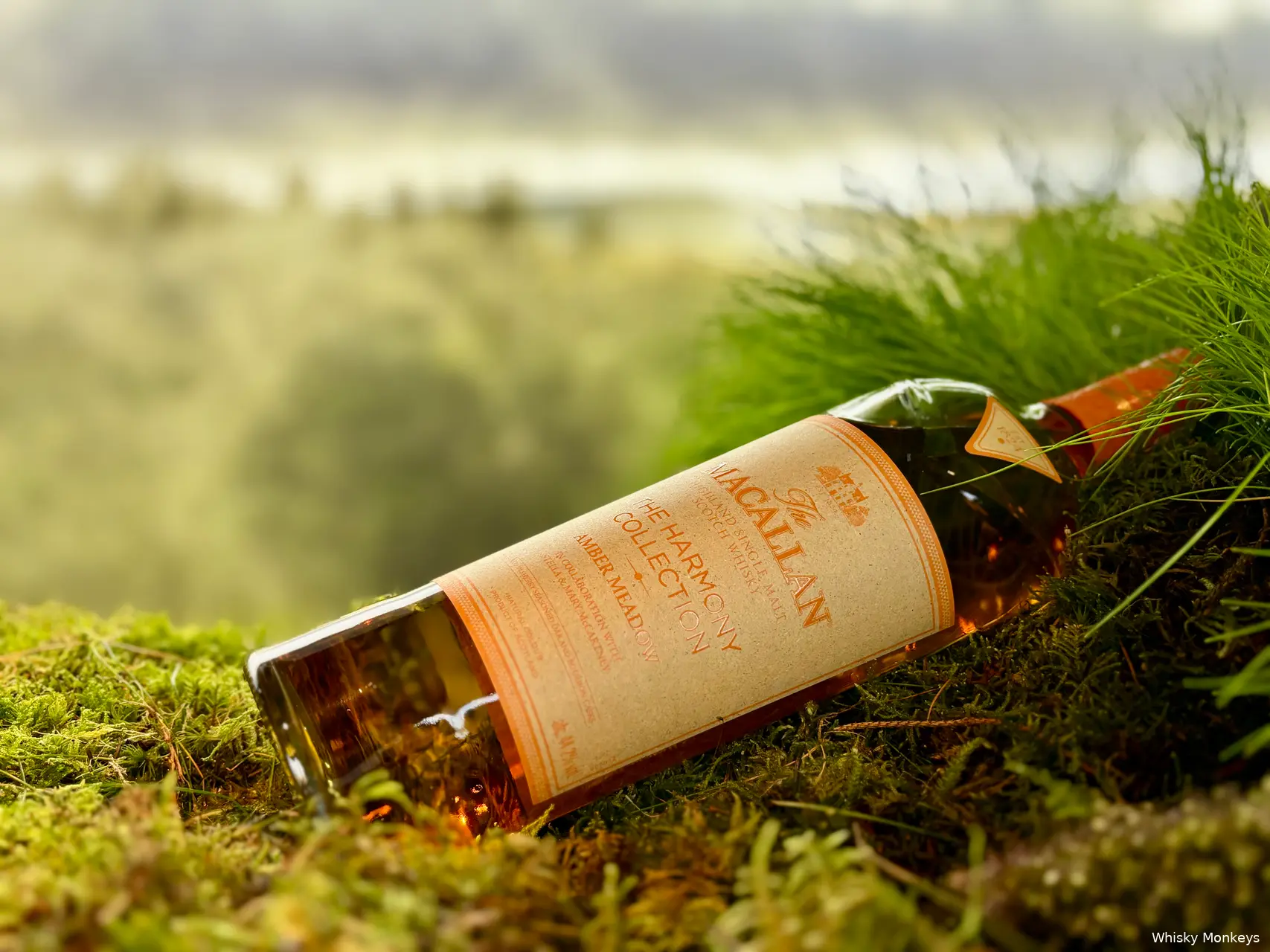 Een fles The Macallan harmony 3 whisky op een bed van mos