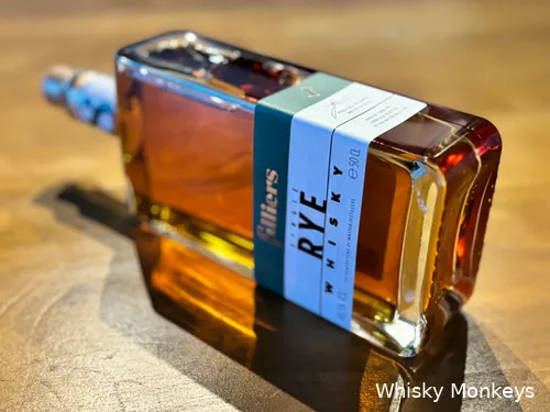 Close-up of the Filliers rye whisky bottle and label