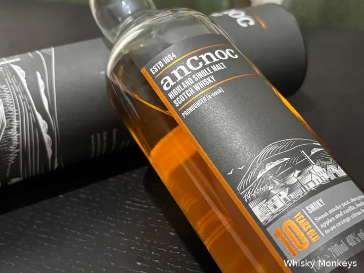 AnCnoc Highland Single Malt whisky bottle and box on a table