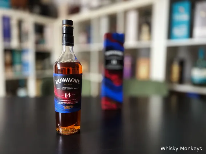 Bowmore 14 Year Old Bordeaux Cask Finish Whisky Review in the Whisky Monkeys Studio including faded box