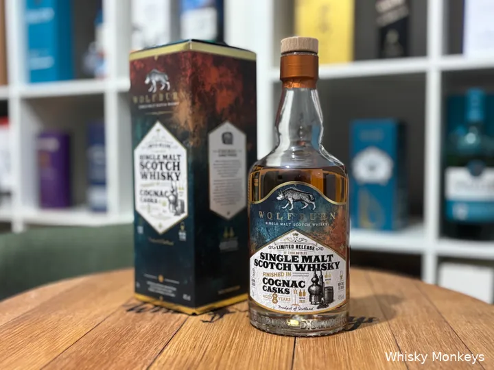 Wolfburn 8 Years Old Cognac Cask whisky bottle and packaging
