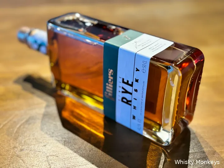 Close-up of the Filliers rye whisky bottle and label