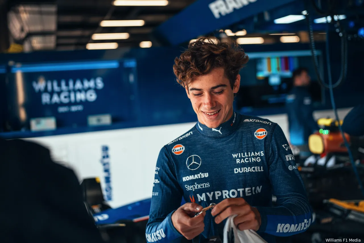 Franco Colapinto inside Williams garage in Abu Dhabi getting ready for a ride in Williams F1 car during 2023 post-season testing