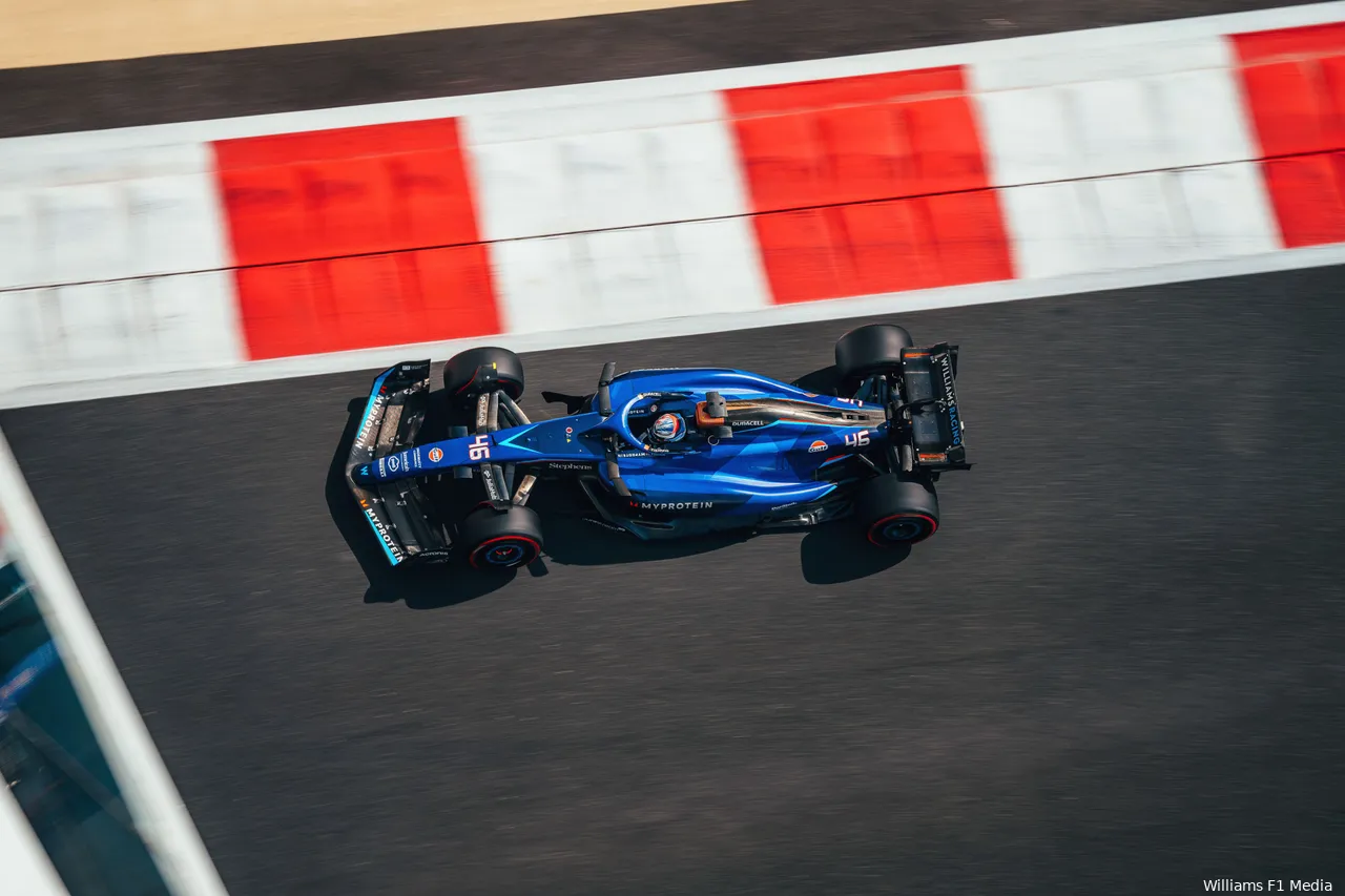 Franco Colapinto driving Williams F1 car at post-season testing in Abu Dhabi