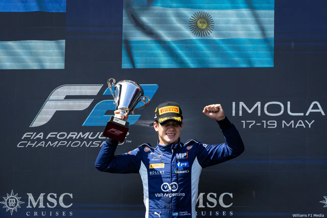 Franco Colapinto celebrates on podium after winning F2 race at Imola