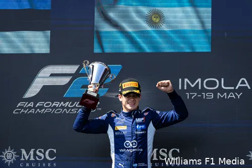 Franco Colapinto celebrates on podium after winning F2 race at Imola