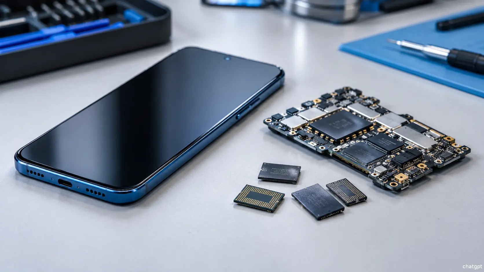 Smartphone en onderdelen op werkbank