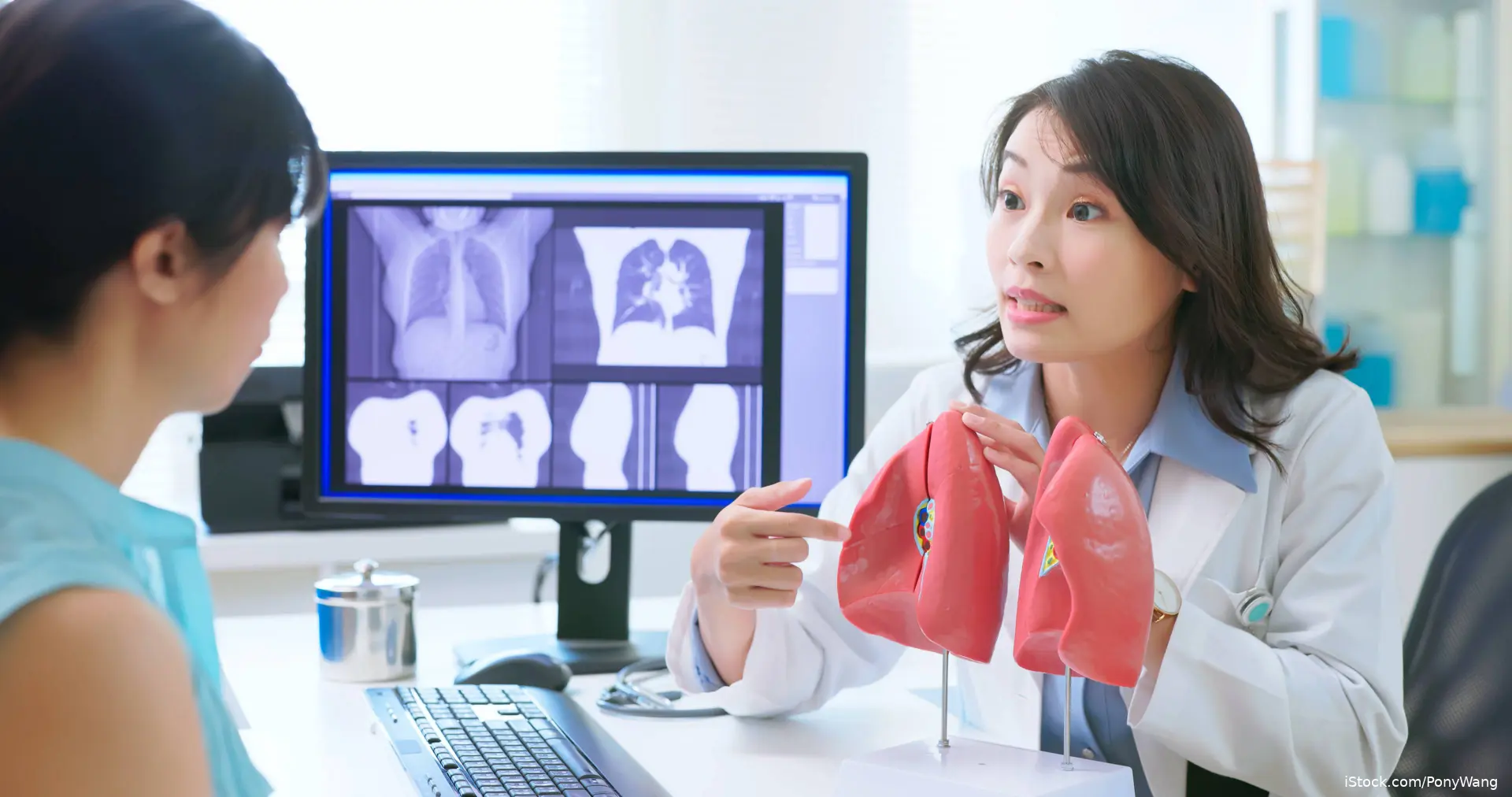 Doctor explaining a lung condition to patient using a lung model