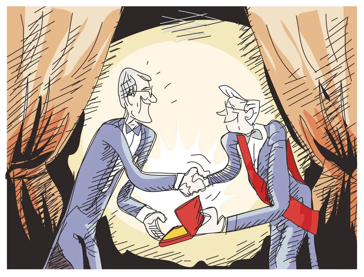 Cartoon of the presenter and Nobel Prize winner in tuxedos shaking hands