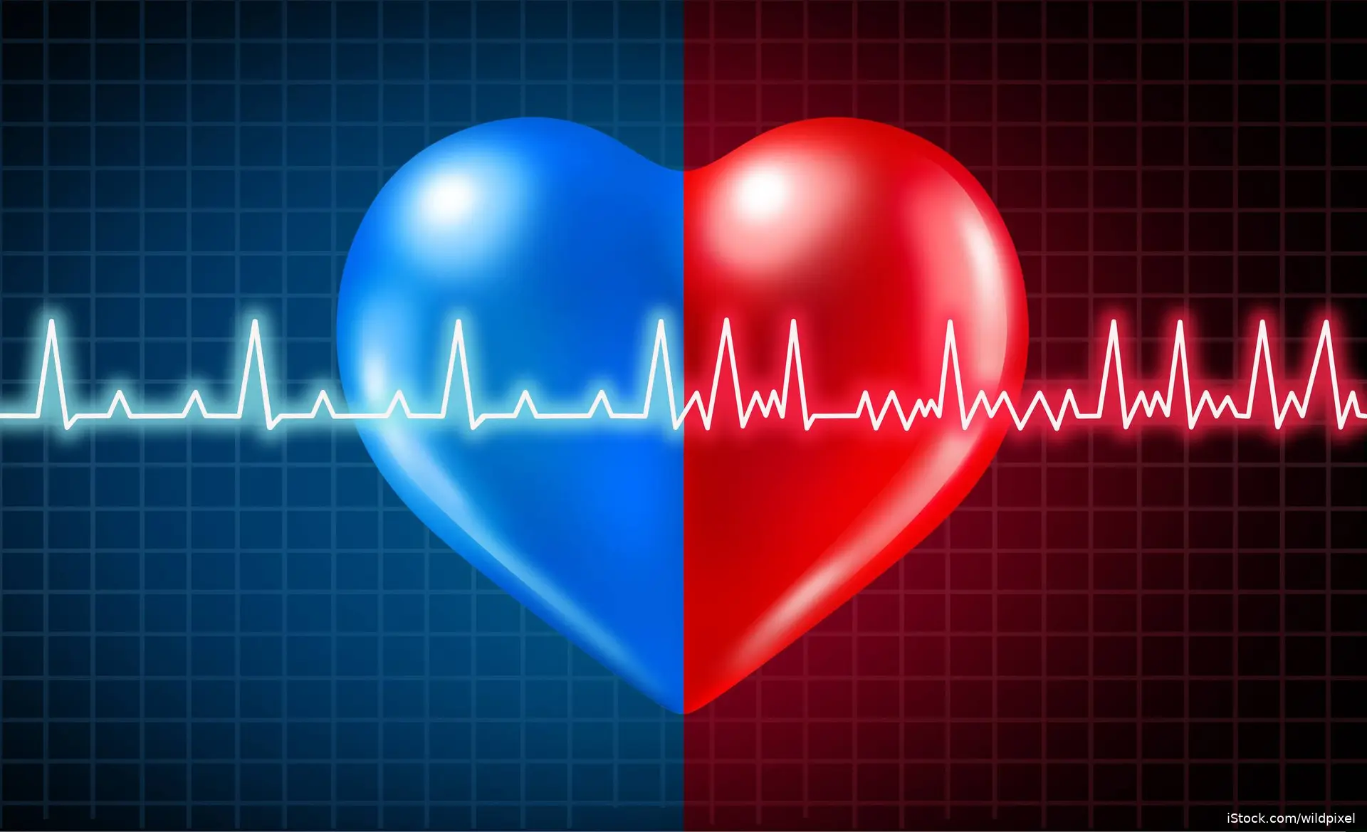 blue and red heart and ekg showing irregular heartbeat