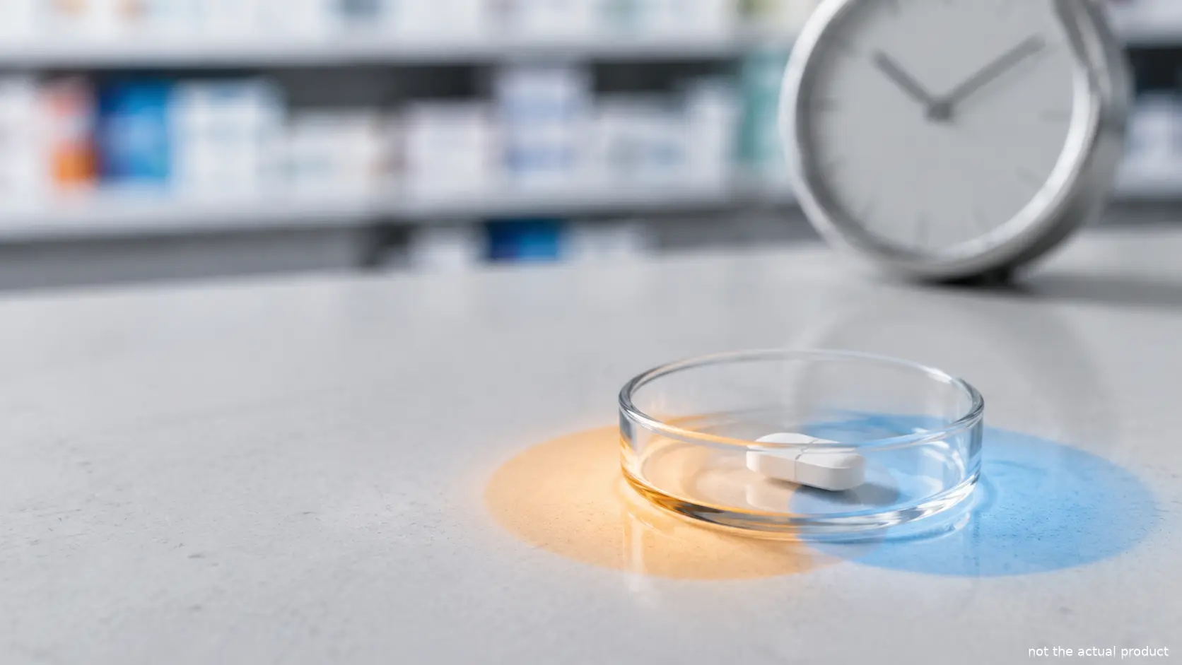 Generic white caplet in a glass dish with a clock and blurred pharmacy shelves in the background