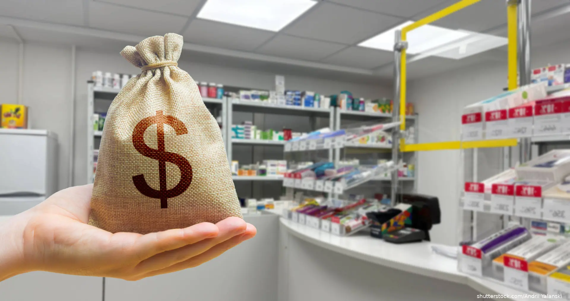 image of pharmacy and a bag of money