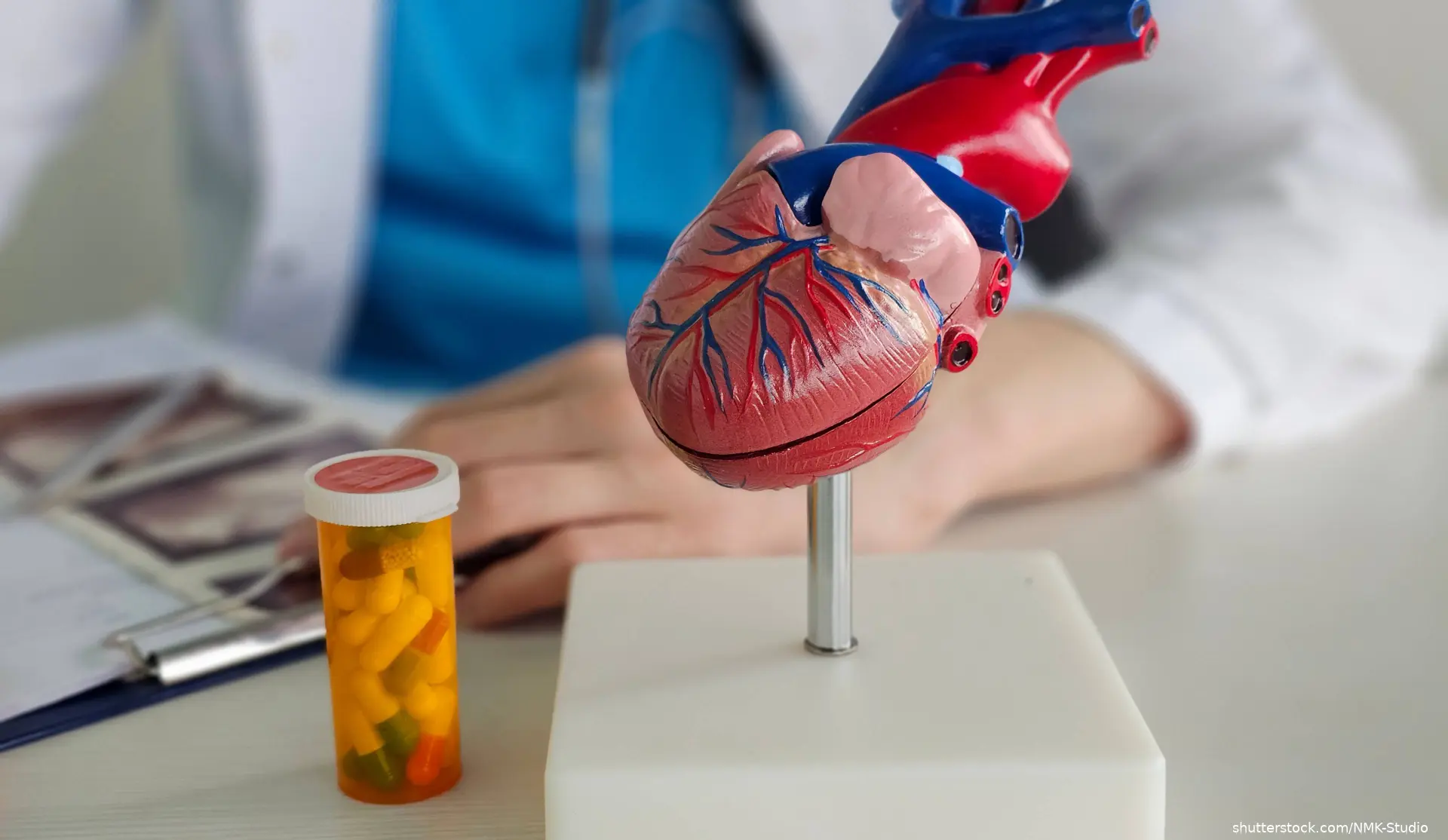 model of heart and pill bottle on table