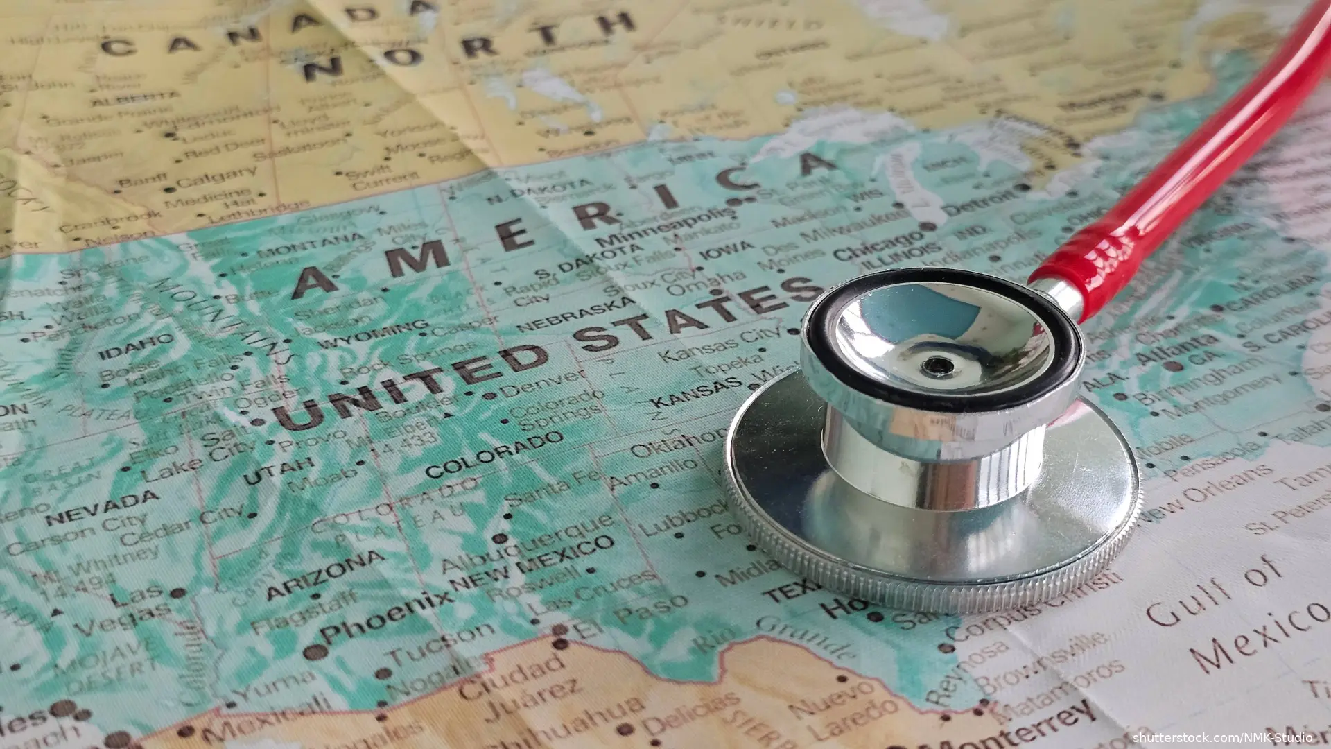 stethoscope rests on a map of the United States