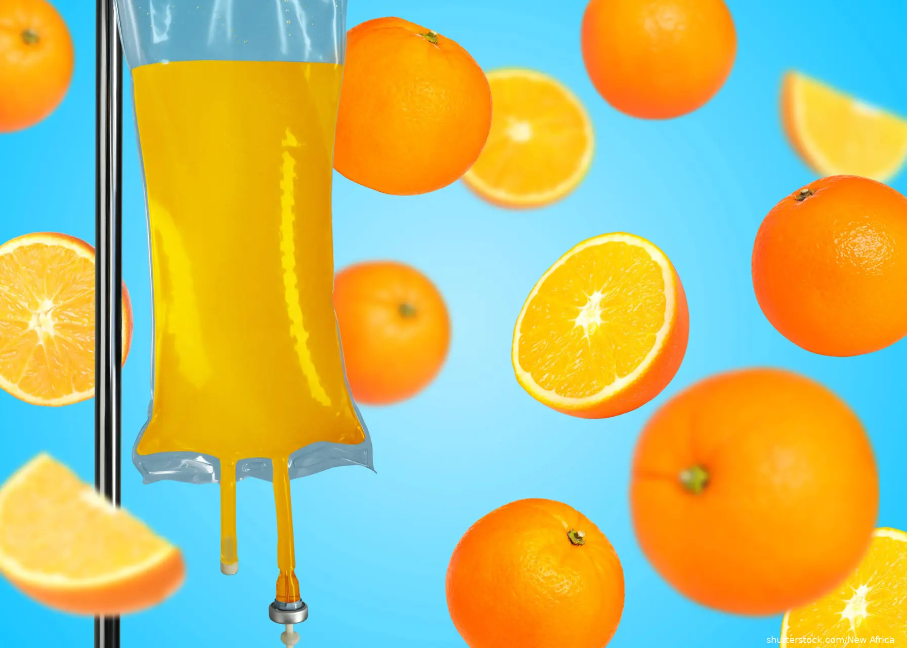 image of orances and orange juice in IV bag