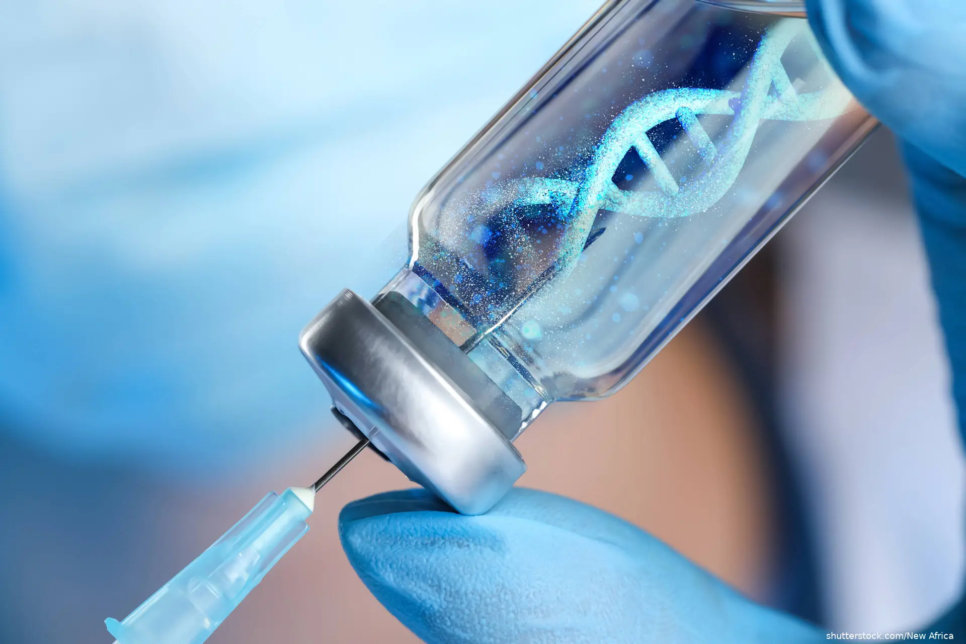 Scientist drawing vaccine from vial with syringe, closeup. DNA strand in liquid