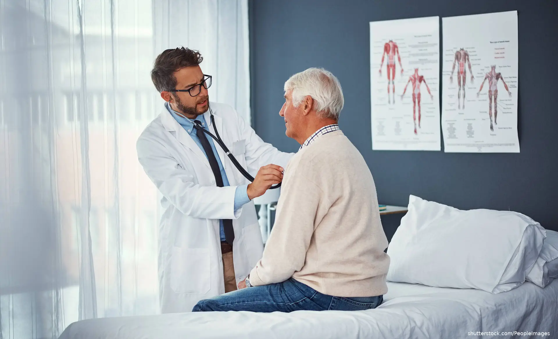 Old man, doctor and stethoscope exam in hospital for lung assessment
