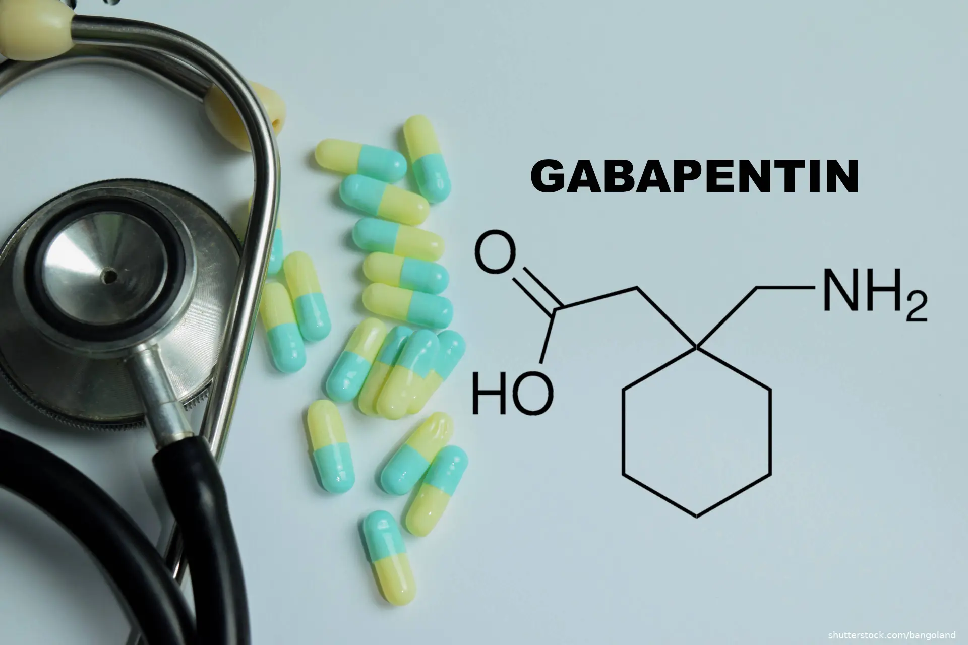 gabapentin capsules and structure next to stethoscope