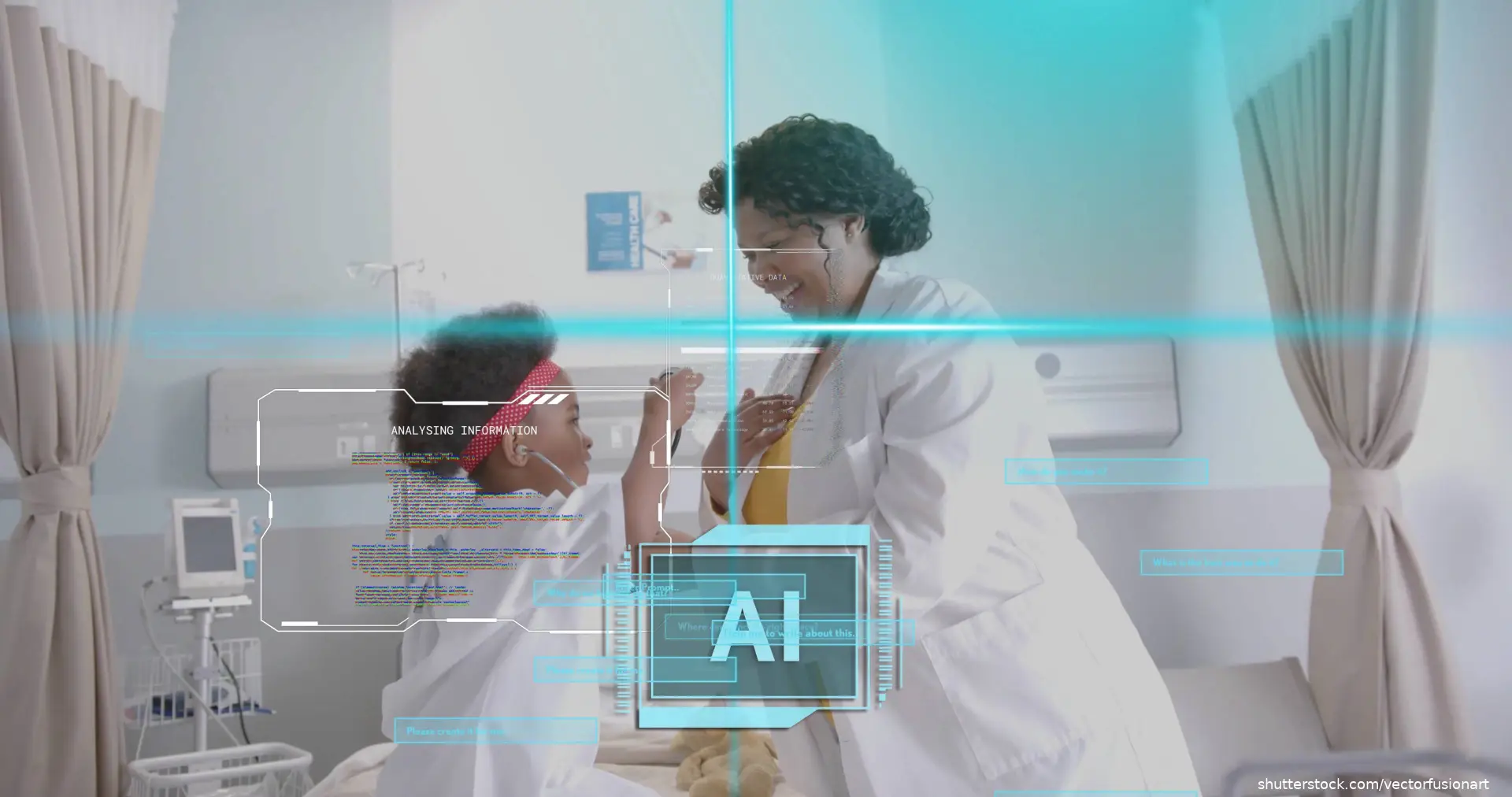 clinician placing hand near child in gown at hospital bed, with AI