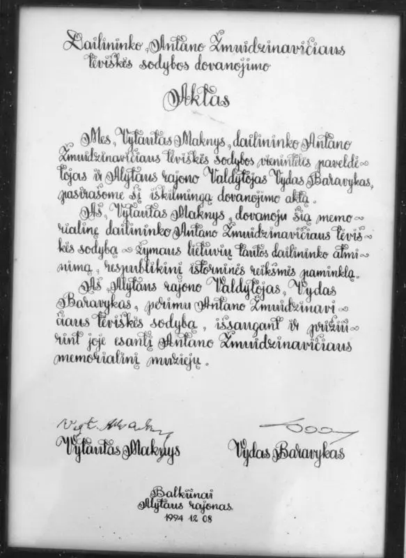 dailininko antano zmuidzinaviciaus teviskes sodybos dovanojimo aktas 1994 m