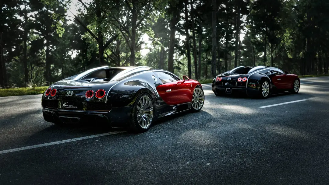 posteriore della Bugatti Veyron nuova in rosso e nero e della vecchia veyron