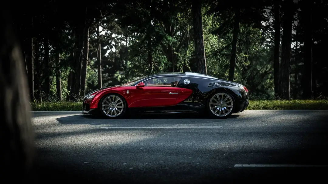 laterale nel bosco della Bugatti Veyron nuova in rosso e nero