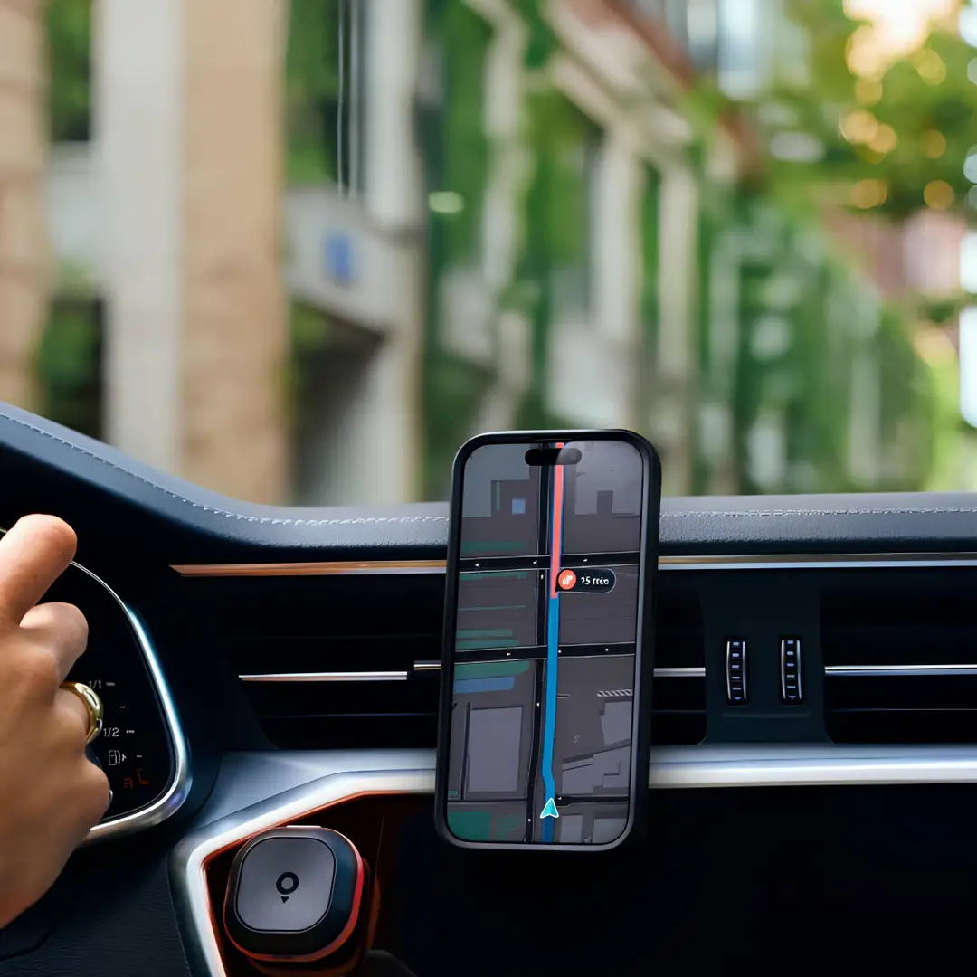 Nell'immagine si vedono il dispositivo Tom illuminato di rosso e l'applicazione smartphone TomTom che mostra un percorso con del traffico previsto. Entrambi i dispositivi sono montati sulla plancia di una macchina