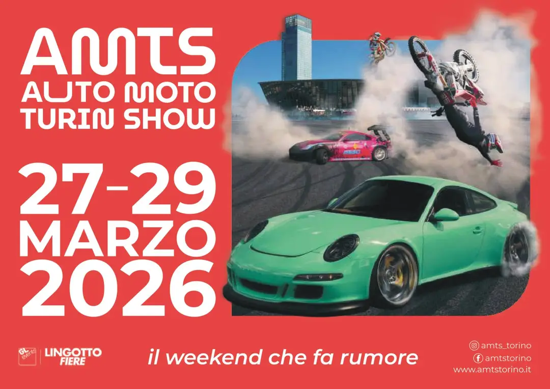 Locandina orizzontale di AMTS Auto Moto Turin Show 2026 dove si vede una porsche verde in primo piano