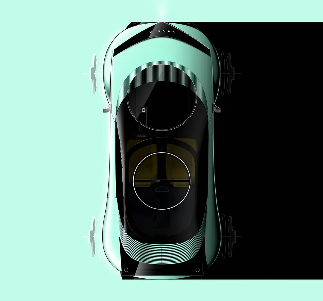 Render con vista aerea della Lancia Pu+Ra HPE in colore Progressive Green. L'immagine evidenzia il caratteristico tetto circolare in vetro, le linee geometriche essenziali e il contrasto tra la carrozzeria
