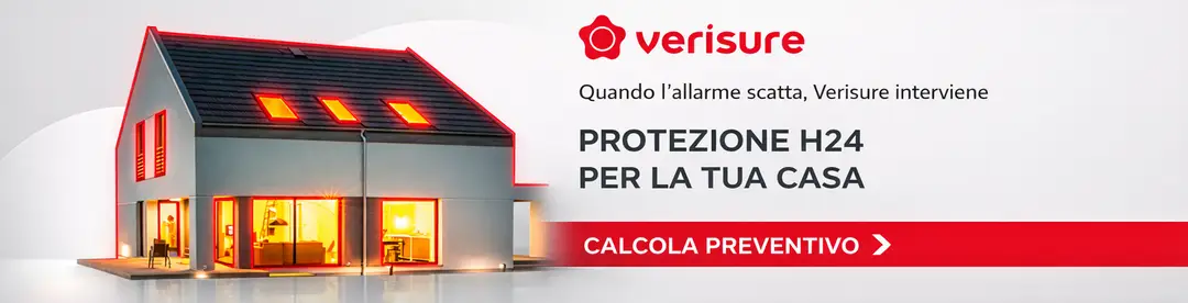 banner che mostra la pubblicità di verisure che mostra una casa e delle scritte abbinate che mostrano l'offerta di antifurti verisure