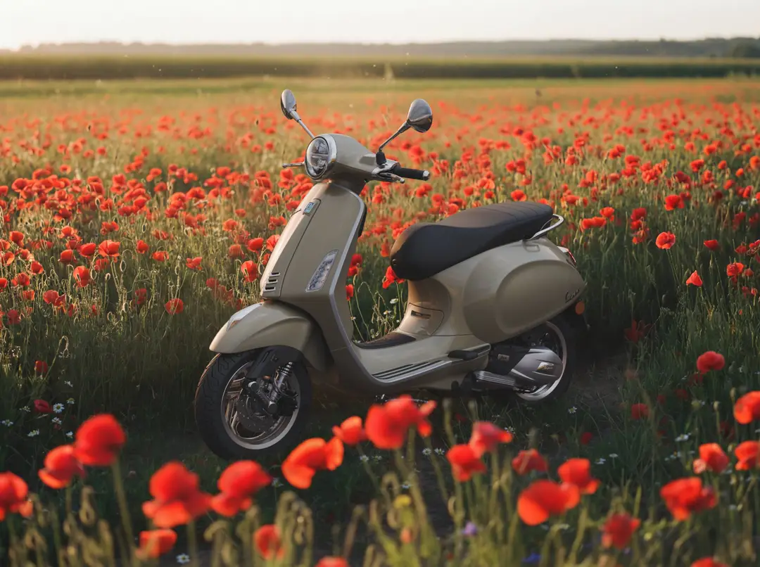 vespa primavera nuova2026 in un campo di papaveri