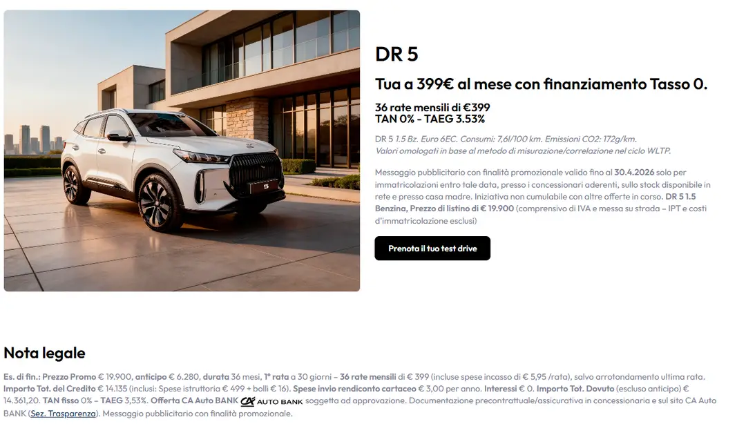 dettaglio promozione DR 5 con rata mensile, anticipo, e maxirata