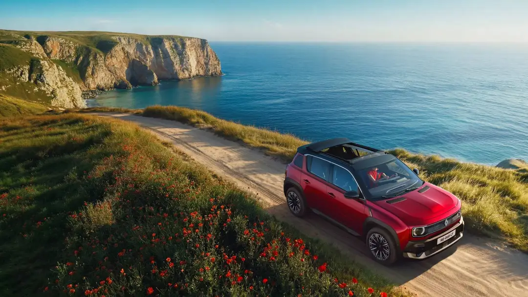 renault4-plein-sud ripresa dall'alto di colore rosso con lo sfondo del mare sopra una scogliera