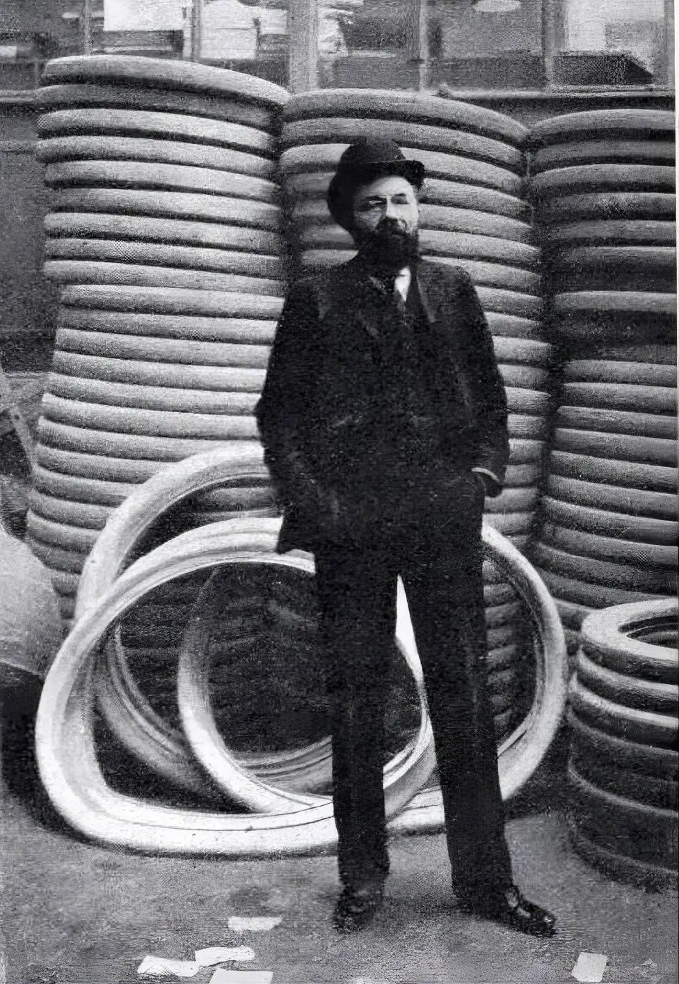 L'immagine storica raffigura André Michelin davanti ad una pila di pneumatici