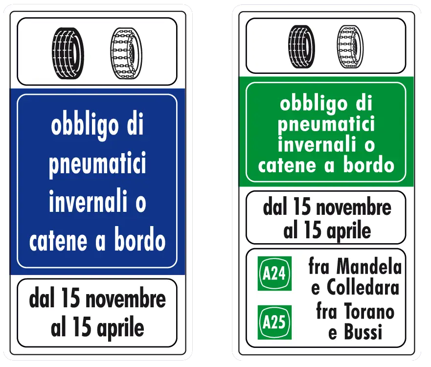 Immagine dei cartelli stradali che raffigura l'obbligo del cambio gomme invernale