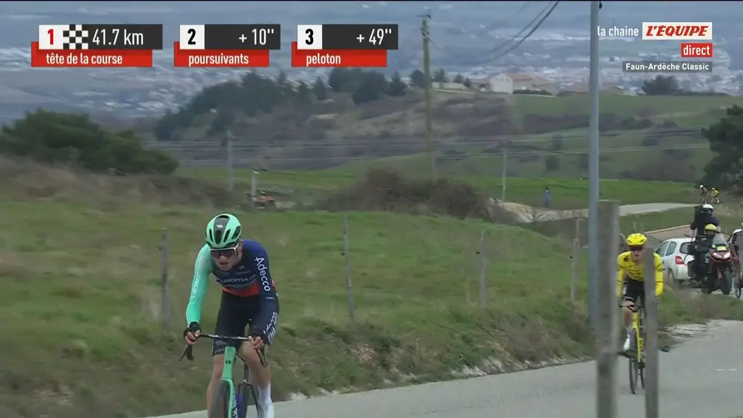 El momento del ataque de Paul Seixas a Matteo Jorgenson en la Faun-Ardèche Classic 2026