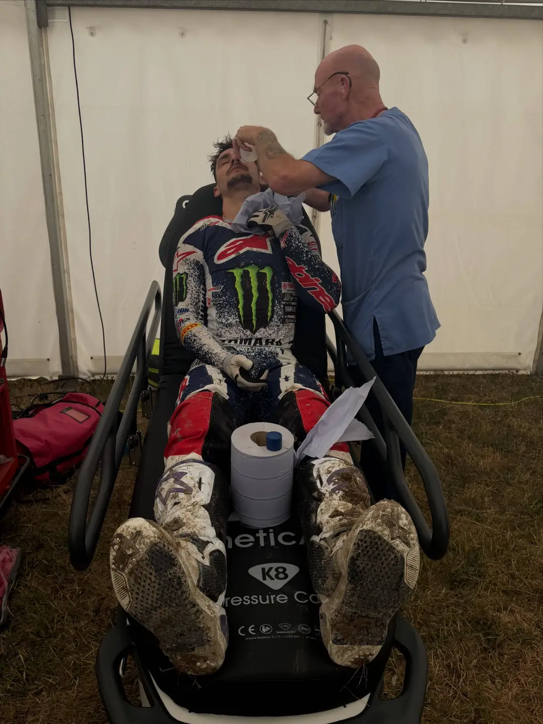 Tim Gajser after eye treatment due to plastic shards in his goggles