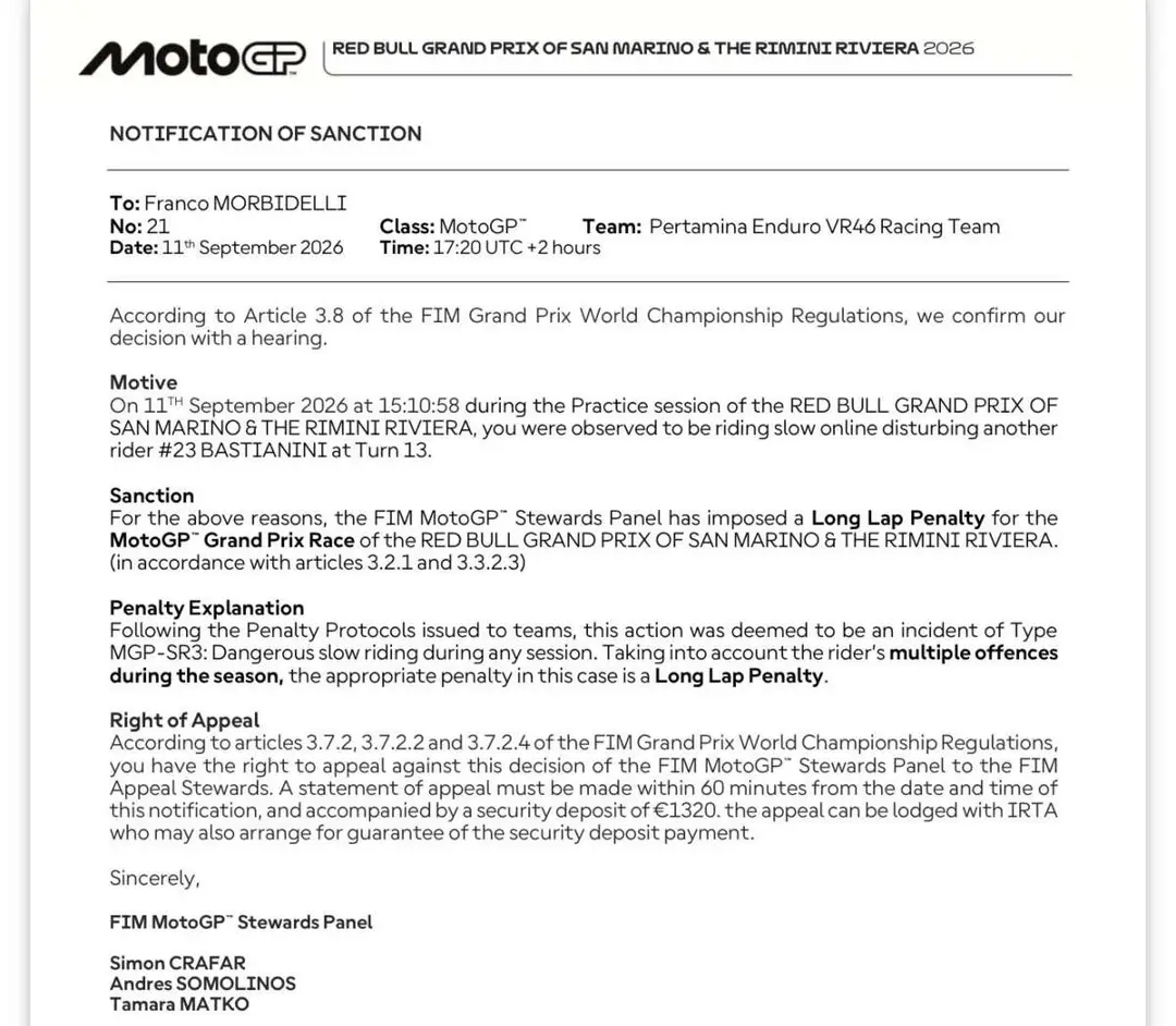 Franco Morbidelli penalizzato nel GP a Misano
