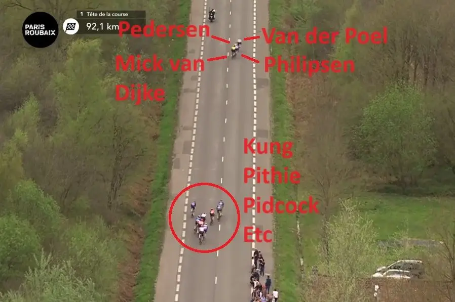 Faltam 94 km: Cabeça da corrida logo após Trouée d'Arenberg