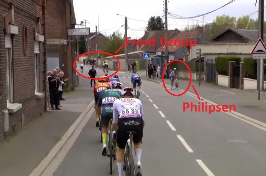 92Km to go: Jasper Philipsen stops after a puncture