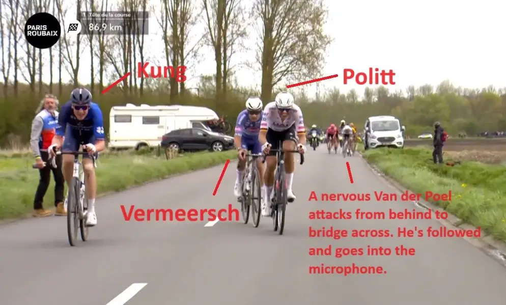 Faltam 87 km para o final: Ataque de Gianni Vermeersch, Nils Politt e Stefan Küng