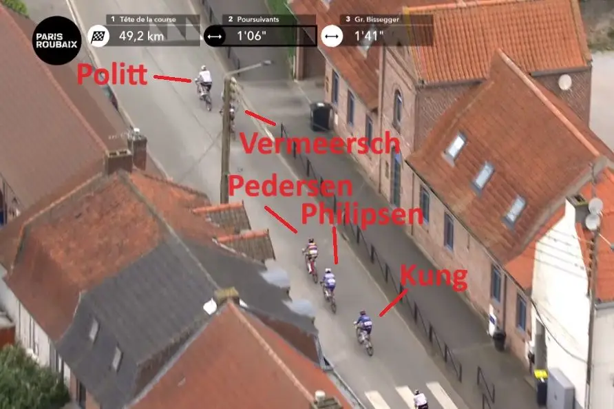 Faltam 49 quilómetros para o final: Mathieu van der Poel ganha 1 minuto em 10 quilómetros com Philipsen e Vermeersch a cobrir todos os ataques