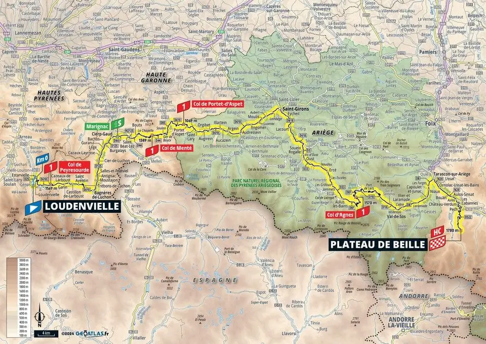 Mapa da etapa 15 da Volta a França 2024