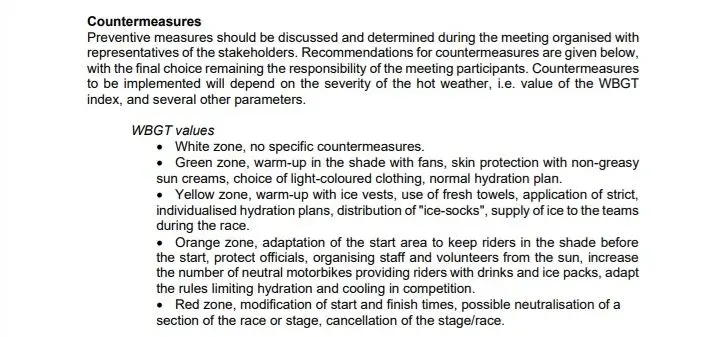 Recommendations provided by the UCI for each WBGT index value. @UCI