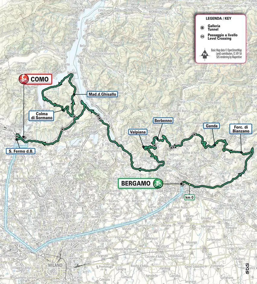 Mapa da Volta à Lombardia 2024.