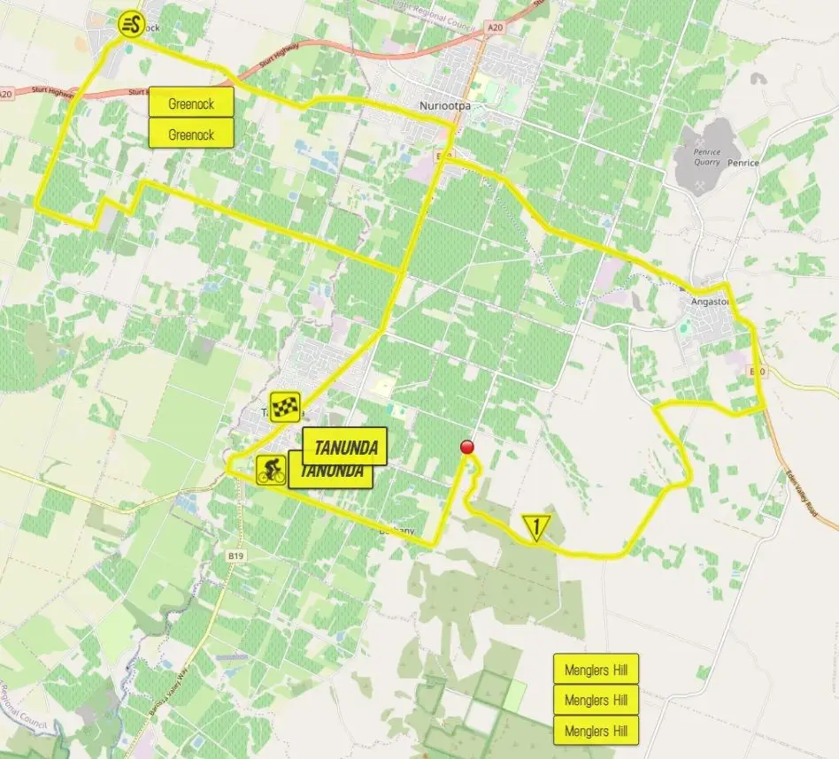 Mapa da etapa 2 do Tour Down Under 2025